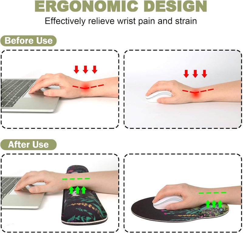 JIGOO Ergonomic Mouse Pad with Wrist Rest and Keyboard Wrist Rest, Memory Foam Wrist Rest for Computer Keyboard, Easy Typing, Pain Relief, Mouse Pad Wrist Support for Gaming,Office, Laptop, Black Flower - Image 2